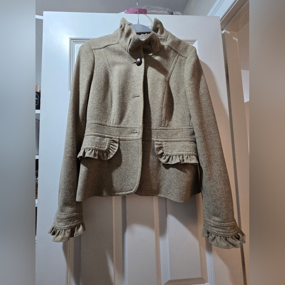 Jcrew Factory Women's Tan Jacket with Ruffle Details. Like NEW
